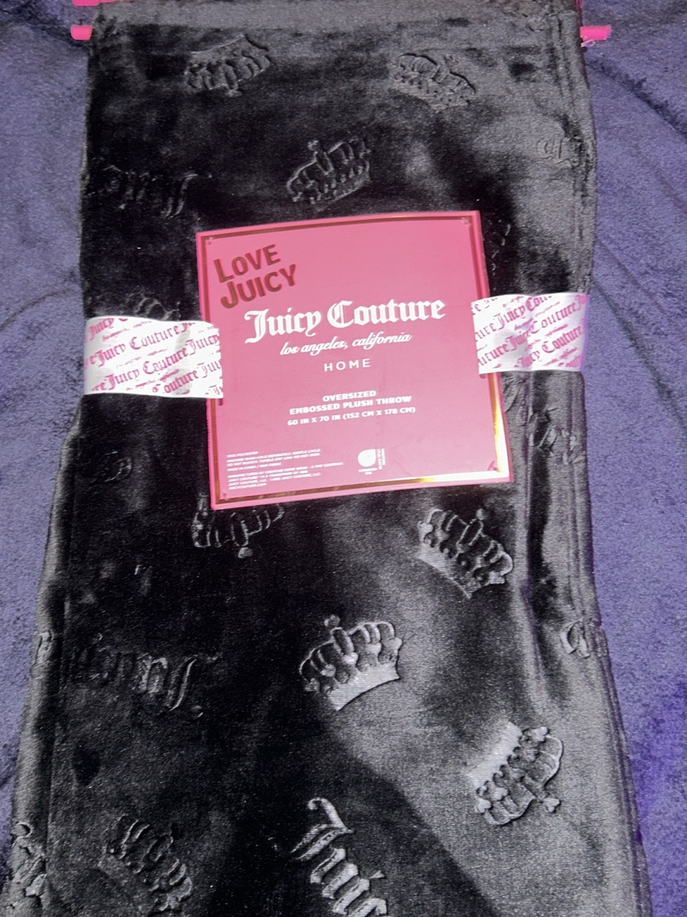 Juicy Couture Black Embossed Plush Throw Blanket